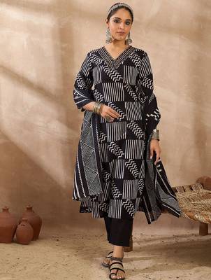 Geometric Printed V Neck Pure Cotton Kurta With Trousers & Dupatta 2