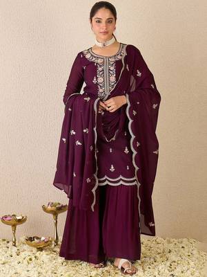 Women Ethnic Motifs Embroidered Regular Sequinned Kurta with Sharara & With Dupatta 2