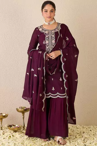 Women Ethnic Motifs Embroidered Regular Sequinned Kurta with Sharara & With Dupatta