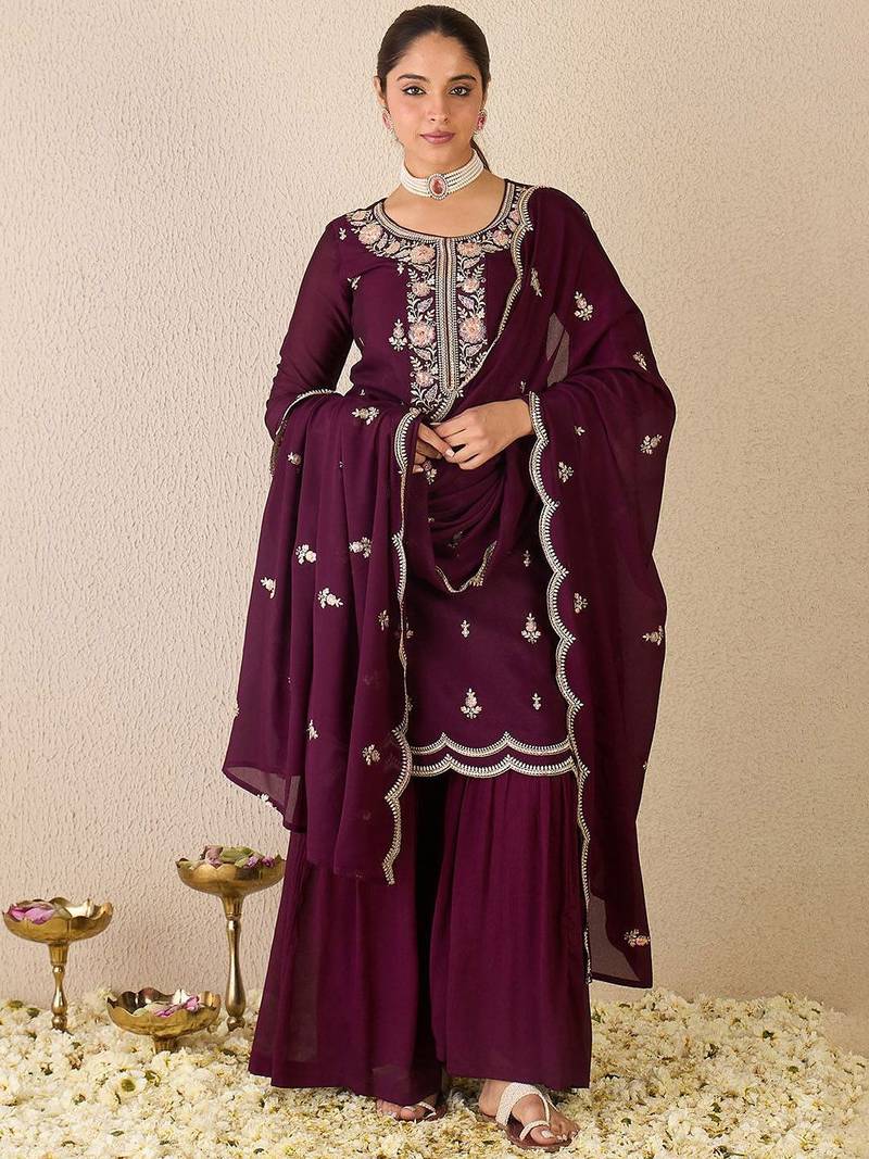 Women Ethnic Motifs Embroidered Regular Sequinned Kurta with Sharara & With Dupatta