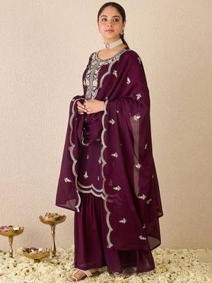 Women Ethnic Motifs Embroidered Regular Sequinned Kurta with Sharara & With Dupatta 4