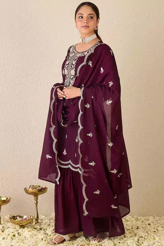Women Ethnic Motifs Embroidered Regular Sequinned Kurta with Sharara & With Dupatta