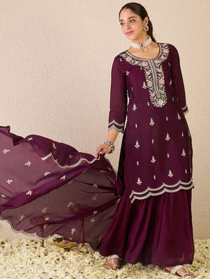 Women Ethnic Motifs Embroidered Regular Sequinned Kurta with Sharara & With Dupatta 5