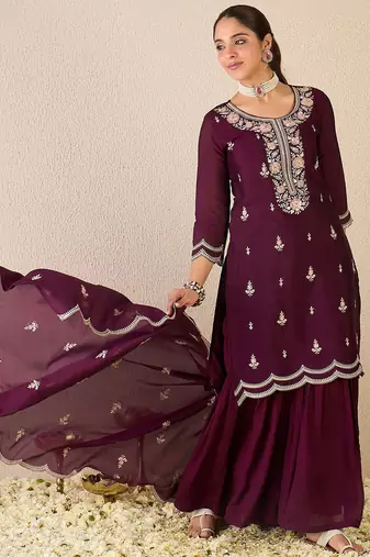 Women Ethnic Motifs Embroidered Regular Sequinned Kurta with Sharara & With Dupatta