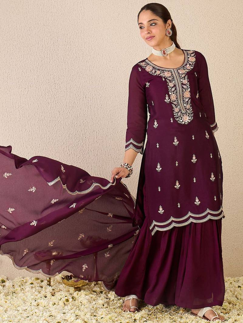 Women Ethnic Motifs Embroidered Regular Sequinned Kurta with Sharara & With Dupatta