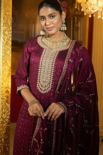 Women Ethnic Motifs Embroidered Regular Sequinned Kurta with Trousers & With Dupatta