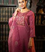 Floral Embroidered Thread Work Kurta With Trousers & Dupatta