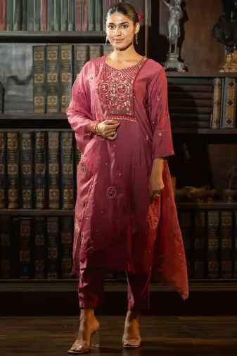 Floral Embroidered Thread Work Kurta With Trousers & Dupatta