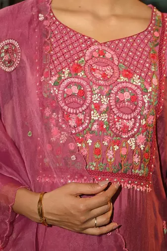 Floral Embroidered Thread Work Kurta With Trousers & Dupatta