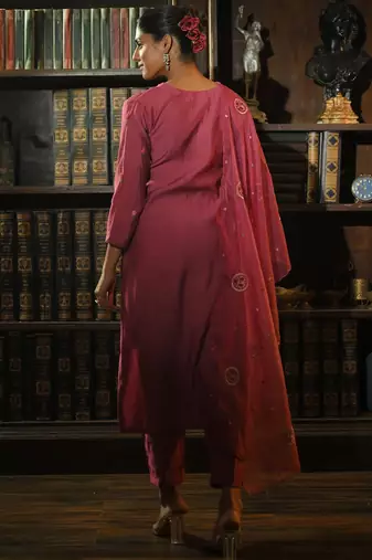 Floral Embroidered Thread Work Kurta With Trousers & Dupatta