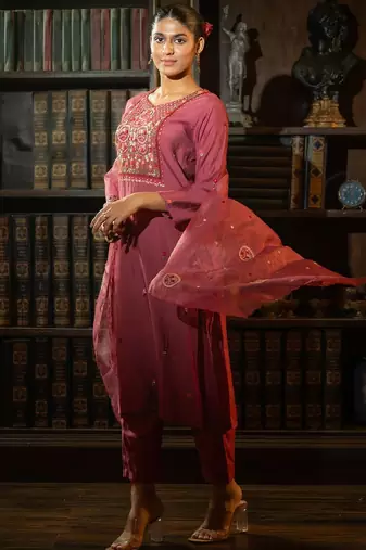 Floral Embroidered Thread Work Kurta With Trousers & Dupatta