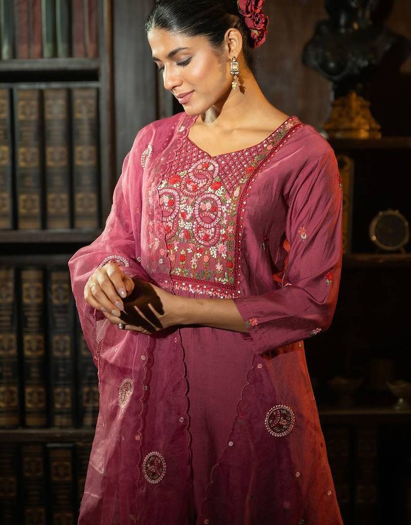 Floral Embroidered Thread Work Kurta With Trousers & Dupatta