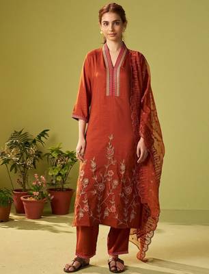 Women Floral Embroidered Kurta with Trousers & Dupatta 5