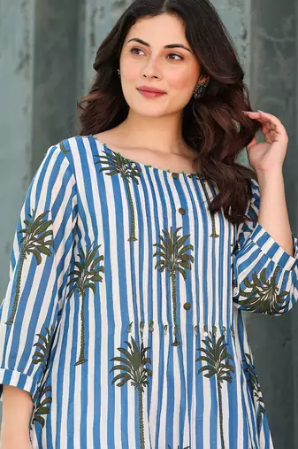Floral Printed Round Neck Pure Cotton A-Line Kurta With Trousers