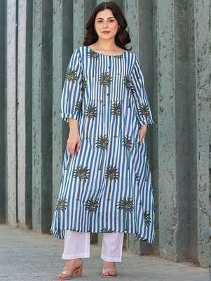 Floral Printed Round Neck Pure Cotton A-Line Kurta With Trousers 2