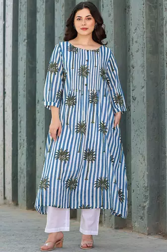 Floral Printed Round Neck Pure Cotton A-Line Kurta With Trousers