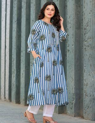 Floral Printed Round Neck Pure Cotton A-Line Kurta With Trousers 4