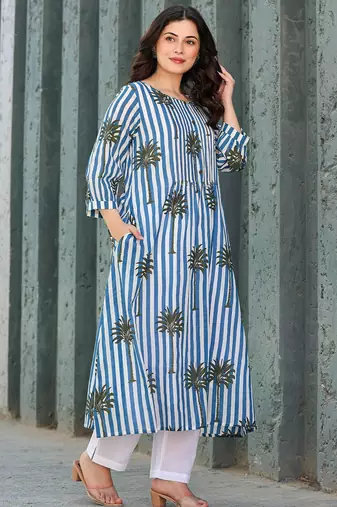 Floral Printed Round Neck Pure Cotton A-Line Kurta With Trousers