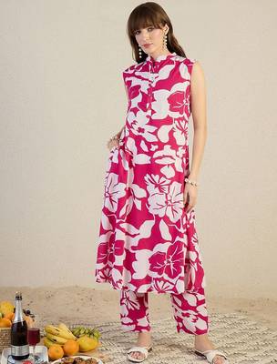 Floral Printed Mandarin Collar Pure Cotton A-Line Kurta With Trouser 2