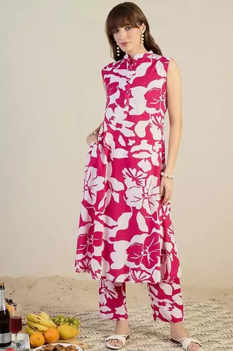 Floral Printed Mandarin Collar Pure Cotton A-Line Kurta With Trouser