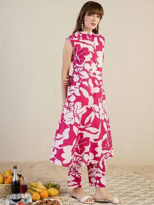 Floral Printed Mandarin Collar Pure Cotton A-Line Kurta With Trouser 4