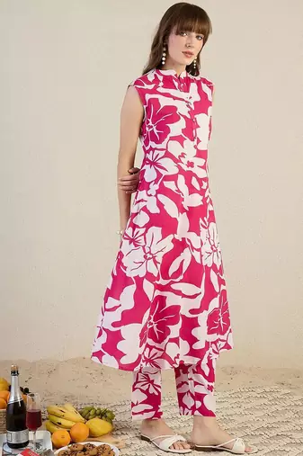 Floral Printed Mandarin Collar Pure Cotton A-Line Kurta With Trouser