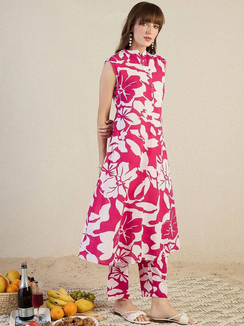 Floral Printed Mandarin Collar Pure Cotton A-Line Kurta With Trouser