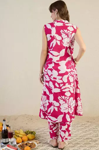 Floral Printed Mandarin Collar Pure Cotton A-Line Kurta With Trouser