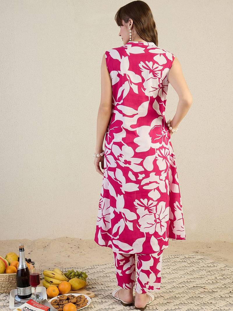 Floral Printed Mandarin Collar Pure Cotton A-Line Kurta With Trouser