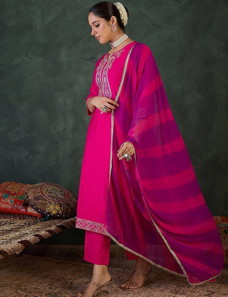 Ethnic Motifs Embroidered Sequinned Kurta With Trousers & Dupatta