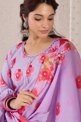 Women Floral Printed Cotton Kurta with Trousers & Dupatta