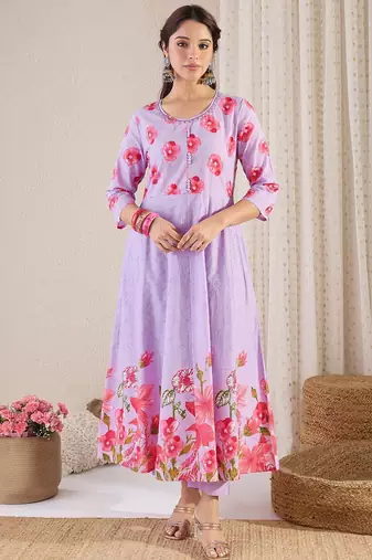 Women Floral Printed Cotton Kurta with Trousers & Dupatta