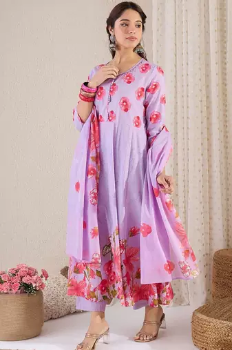 Women Floral Printed Cotton Kurta with Trousers & Dupatta