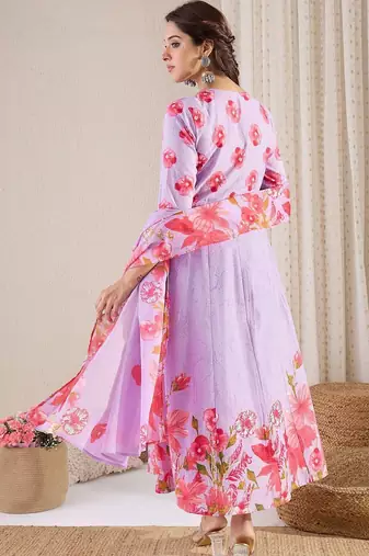 Women Floral Printed Cotton Kurta with Trousers & Dupatta
