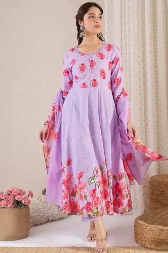 Women Floral Printed Cotton Kurta with Trousers & Dupatta