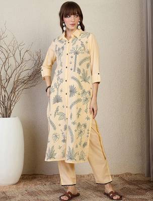 Floral Embroidered Shirt Collar Thread Work Pure Cotton Straight Kurta & Trouser 2