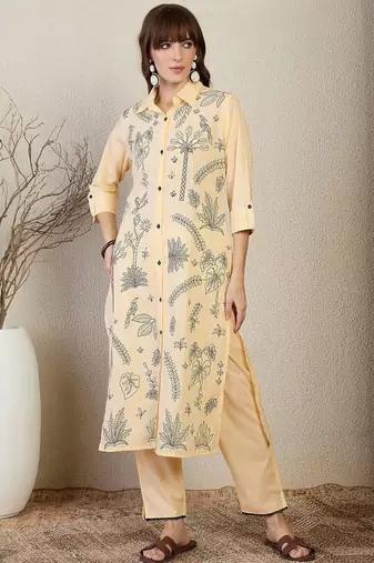Floral Embroidered Shirt Collar Thread Work Pure Cotton Straight Kurta & Trouser