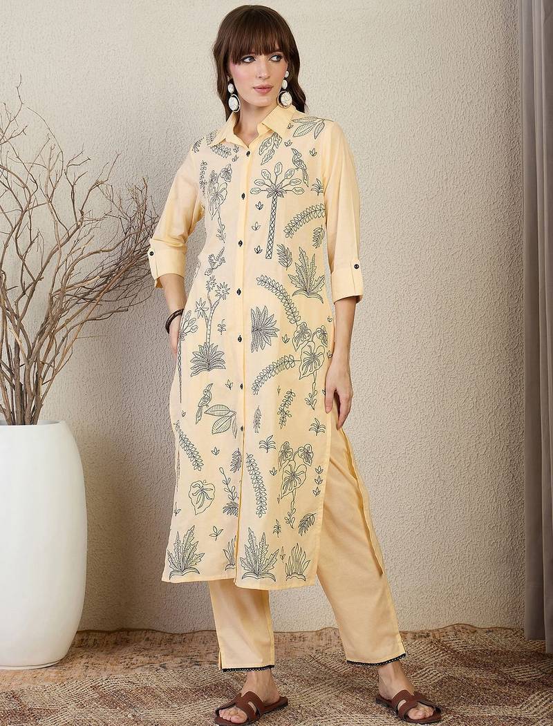Floral Embroidered Shirt Collar Thread Work Pure Cotton Straight Kurta & Trouser