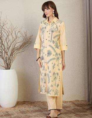 Floral Embroidered Shirt Collar Thread Work Pure Cotton Straight Kurta & Trouser 4