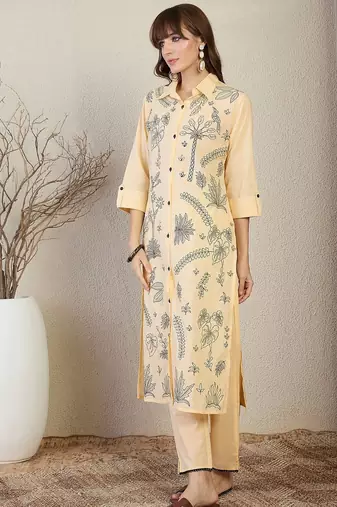 Floral Embroidered Shirt Collar Thread Work Pure Cotton Straight Kurta & Trouser