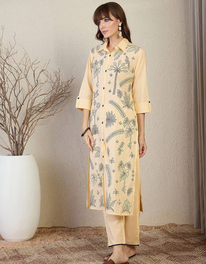 Floral Embroidered Shirt Collar Thread Work Pure Cotton Straight Kurta & Trouser