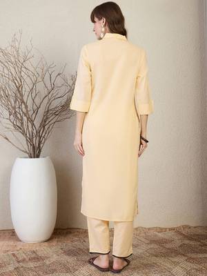Floral Embroidered Shirt Collar Thread Work Pure Cotton Straight Kurta & Trouser 5