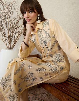 Floral Embroidered Shirt Collar Thread Work Pure Cotton Straight Kurta & Trouser 6