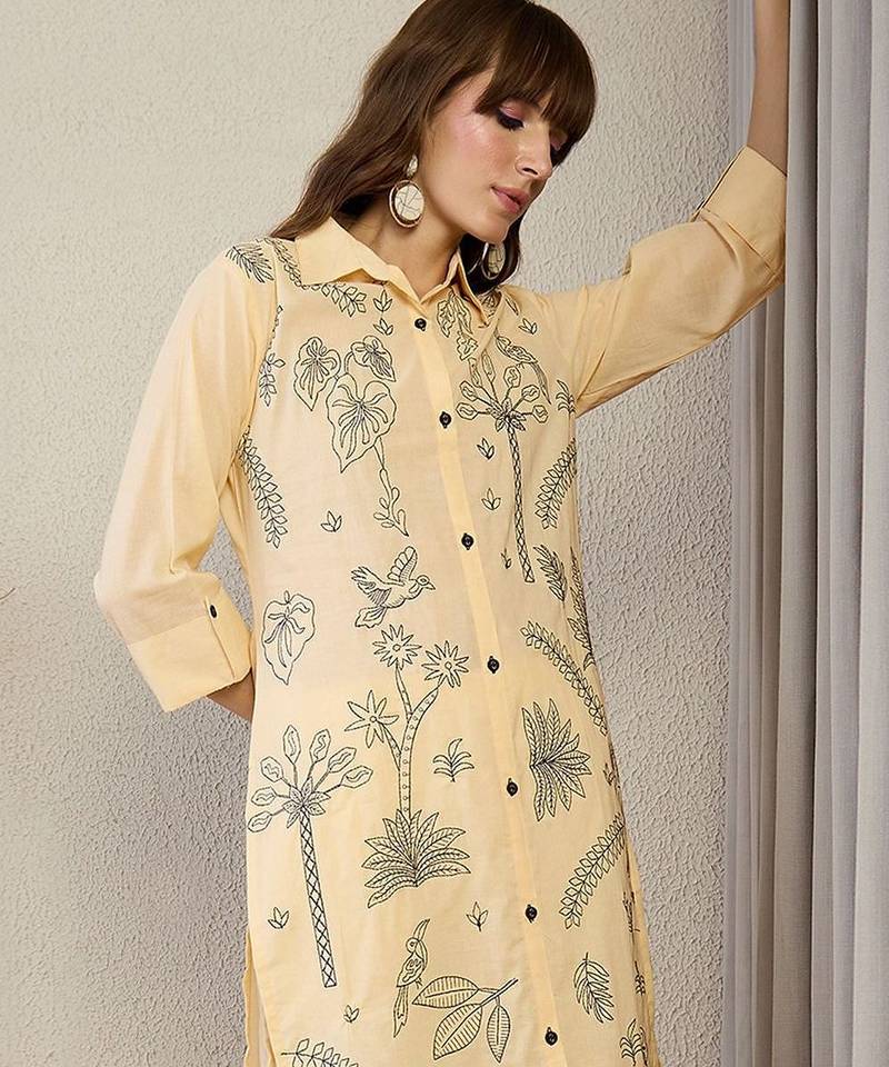 Floral Embroidered Shirt Collar Thread Work Pure Cotton Straight Kurta & Trouser