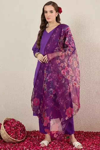 V-Neck Straight Kurta With Trousers & Dupatta