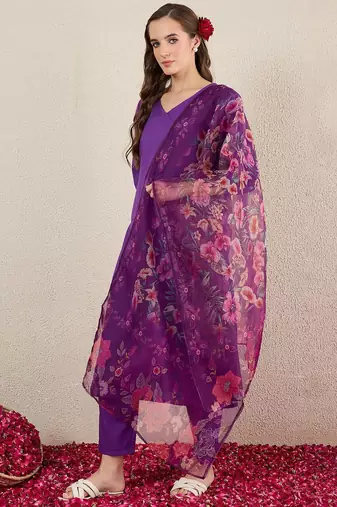 V-Neck Straight Kurta With Trousers & Dupatta