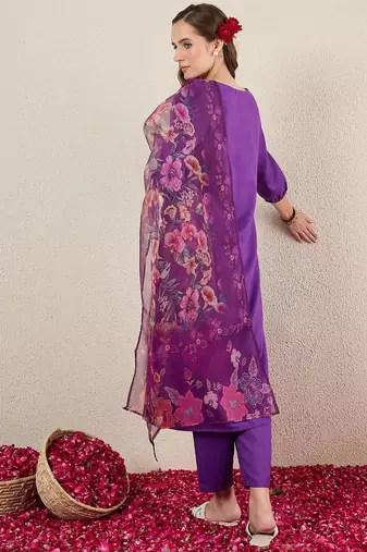 V-Neck Straight Kurta With Trousers & Dupatta