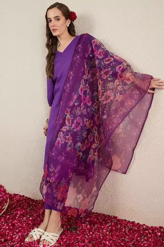 V-Neck Straight Kurta With Trousers & Dupatta