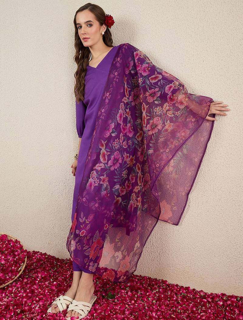 V-Neck Straight Kurta With Trousers & Dupatta