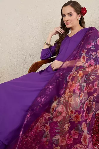 V-Neck Straight Kurta With Trousers & Dupatta